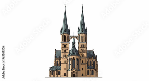 Ornate twin-spired religious edifice with arched walkway