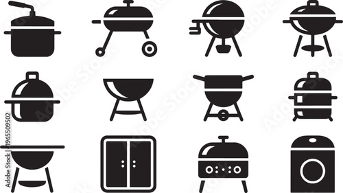 Collection of various barbecue grill types and outdoor cooking equipment vector silhouettes