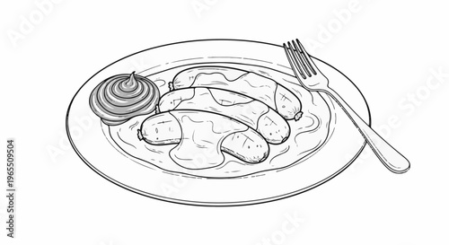 Plate of sausages with mustard and a fork, line drawing