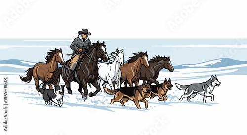 Cowboy rides horses and dogs through snowy landscape