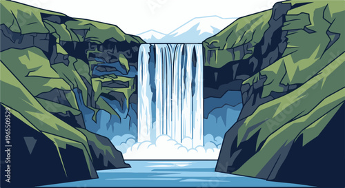 A majestic waterfall cascades between lush green, rocky cliffs into a serene blue body of water