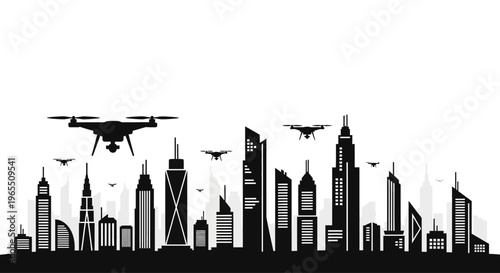 Drone flying over city skyscrapers.