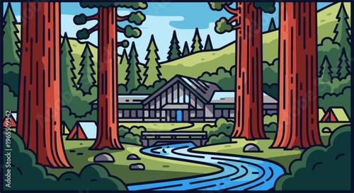 Redwoods and river with lodge and campsite