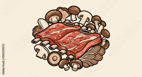 Raw ribs and mushrooms arranged in a circular pattern