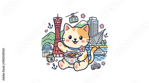 Charming Cat Embraces Kobe City Landmarks