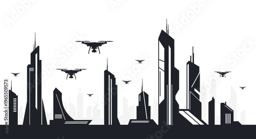 Drones flying over city skyscrapers.