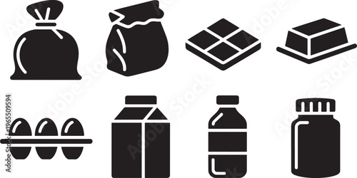 Essential grocery product vector icons featuring bags, butter, eggs, milk, water, and supplemen