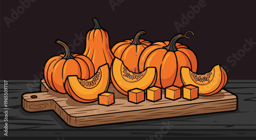 A rustic arrangement of whole and sliced pumpkins on a wooden cutting board