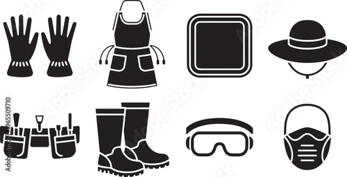 Set of Agricultural and Gardening Protective Gear Equipment and Farming Work Tools Icon Vector