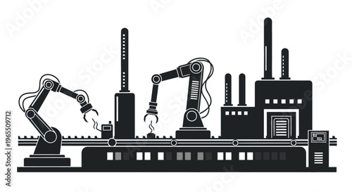 Industrial robots in a factory setting.
