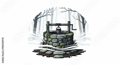 Pixel art well in a misty forest with a bucket on a rope