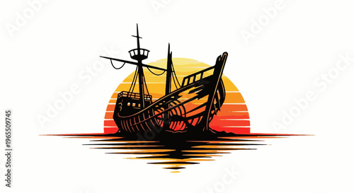 A silhouetted antique ship sails on water against a vibrant sunset
