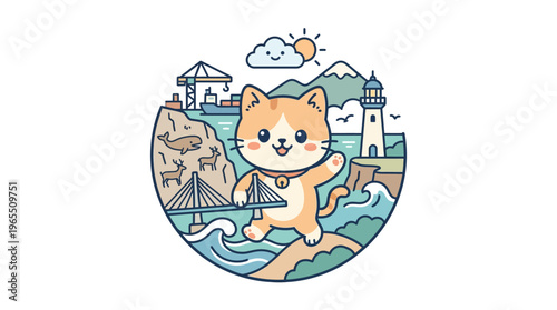 Cute Cat Exploring Coastal Landscape in a Circle
