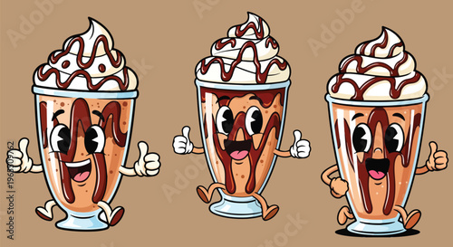 Retro cartoon milkshake characters with chocolate syrup, vintage rubber hose style milk shake mascots, set of 3 sweet dessert vector illustrations