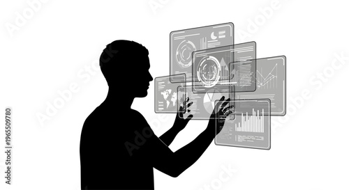 Man interacting with virtual screens.