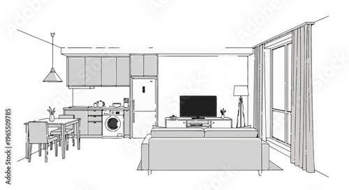Sketch of a modern open-plan living and kitchen area with furniture
