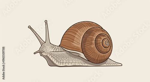 Close-up illustration of a brown-shelled snail with textured skin and antennae