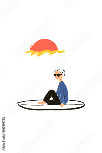 Surfer in UV Protection Rashguard Paddling at Sunset