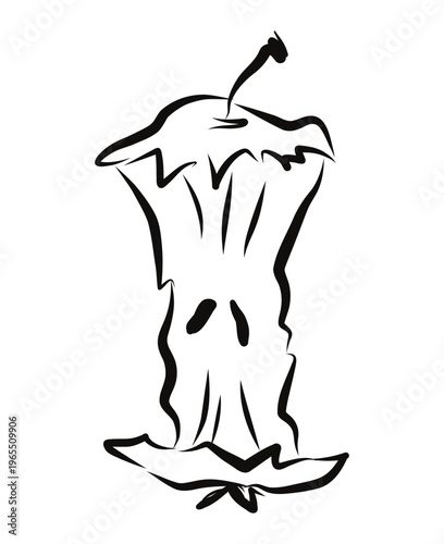 Apple core line art illustration showing eaten fruit center with seeds representing leftover food and minimal fruit sketch. Vector hand drawn illustration.