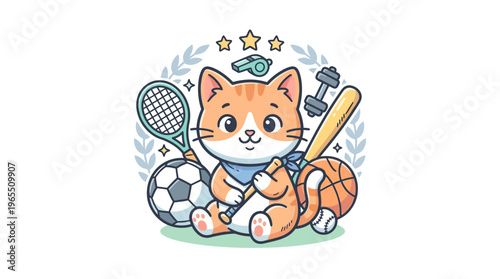 Cute Cartoon Cat with Sports Equipment