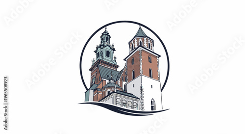 A stylized illustration of historic cathedral towers within a circular emblem