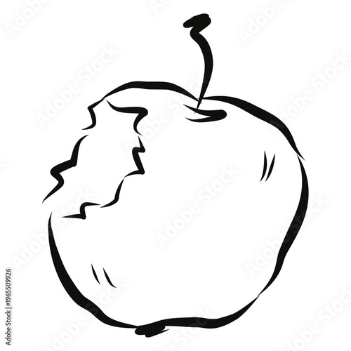 Apple fruit with bite mark illustrated in simple line style representing fresh healthy snack concept. Vector hand drawn illustration.