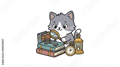 Curious Cat Examining Old Books and Clock