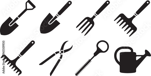 Set of Garden Tools Silhouettes Including Shovel Rake Fork Pruners and Watering Can Icons