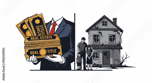 Businessman holds real estate s while a family stands before a decaying home