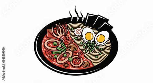 Steaming bowl of ramen with squid, eggs, mushrooms, and noodles