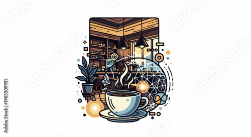 Steaming coffee cup in a cafe with a digital network overlay