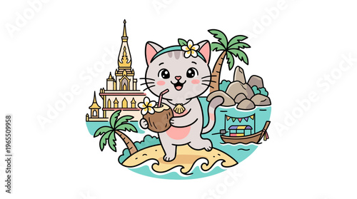 Cute Cartoon Cat Enjoying a Tropical Vacation