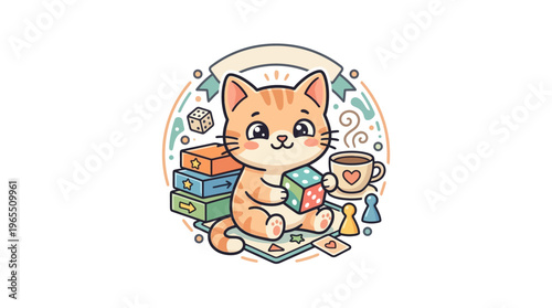 Cute Cat Playing Board Games with Coffee