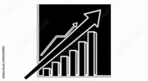 A stylized neon graphic shows a rising bar chart with an upward trending arrow