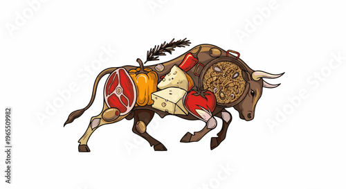Brown bull filled with various food items, including steak, cheese, and vegetables