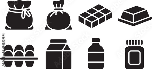 Set of Grocery and Supermarket Food Product Icons Including Flour Sack, Eggs, Milk and Butter