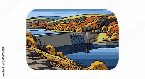 Autumn scene with a dam holding back a body of water, surrounded by colorful trees and hills