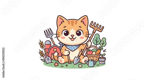 Cute Cartoon Kitten Farmer With Gardening Tools