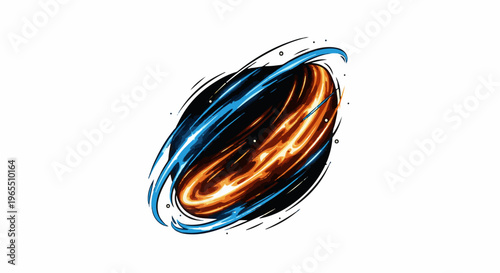 Swirling energy vortex with blue and orange light trails against black