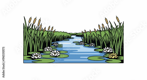A tranquil stream flows through lush reeds, adorned with floating water lilies