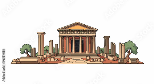 Ancient temple ruins with columns, trees, and stone fragments