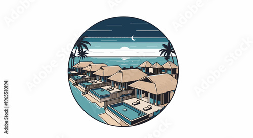 Tropical resort with bungalows, pools, ocean view, and palm trees under crescent moon