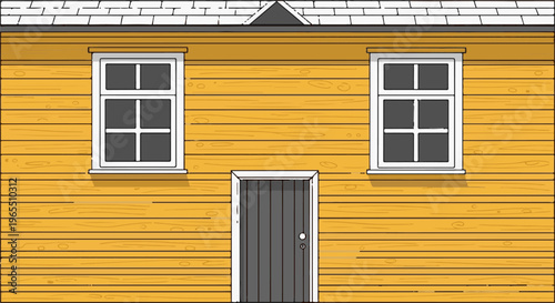 A simple yellow wooden house with two windows and a door