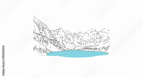A sketchy depiction of majestic mountains cradling a vibrant turquoise lake below