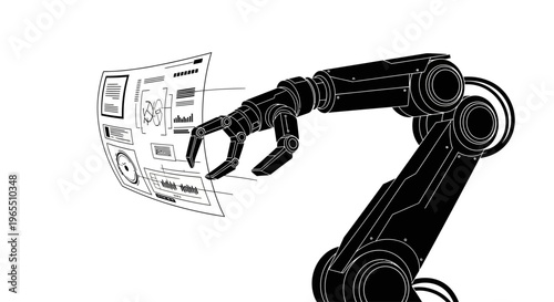 Robotic arm holding a blueprint.