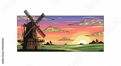 Stylized Dutch windmill at sunset with colorful sky and fields