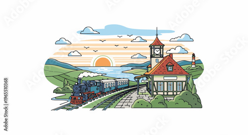 Vintage steam train arriving at a scenic coastal station at sunset