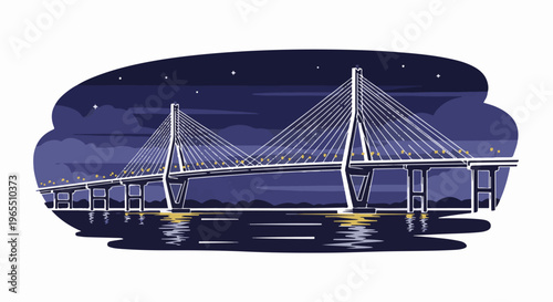 Stylized illustration of a cable-stayed bridge at night reflected in water