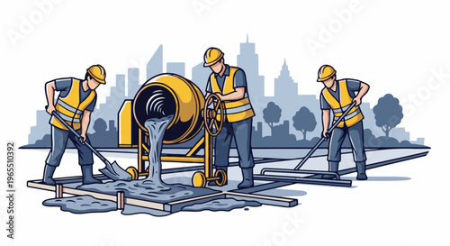 Construction workers pour concrete with a cement mixer, city skyline backdrop