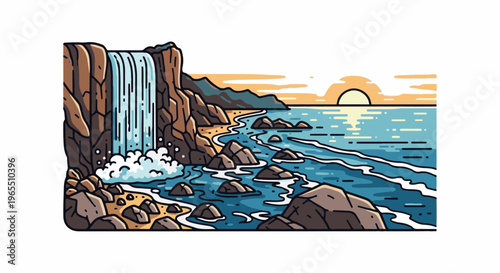 Waterfall cascades onto a rocky beach under a setting sun